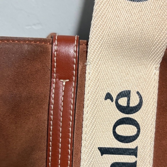 Chloé Woody Tote Medium Brown Suede Canvas Logo Strap Authentic - Picture 7 of 11
